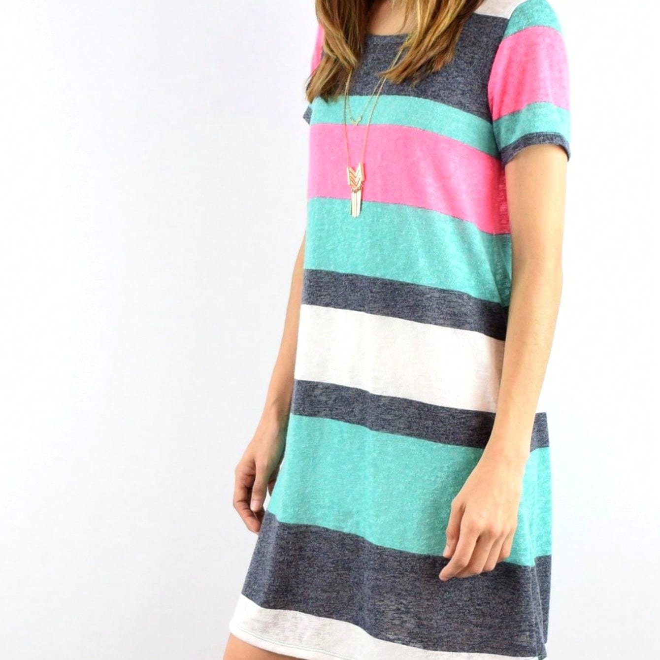 Boho Retro Rayon Cool Soft Summer Cuff Short Sleeve Crew Neck T Shirt Mini Dress Tunic With Pockets