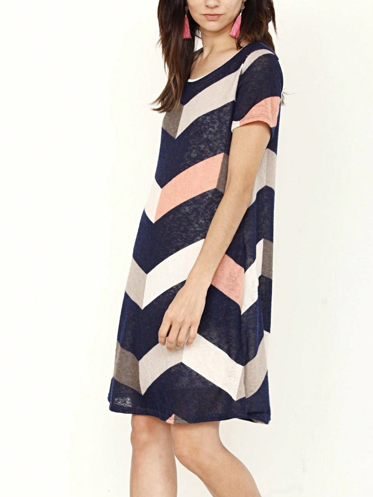 Boho Retro Rayon Cool Soft Summer Cuff Short Sleeve Crew Neck T Shirt Mini Dress Tunic With Pockets