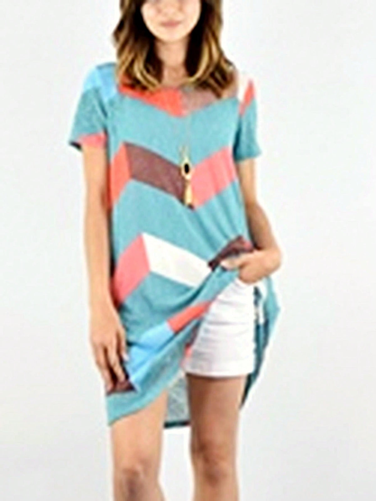 Boho Retro Rayon Cool Soft Summer Cuff Short Sleeve Crew Neck T Shirt Mini Dress Tunic With Pockets