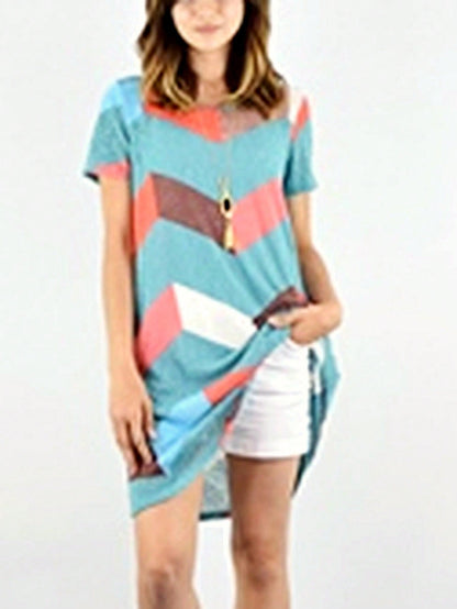 Boho Retro Rayon Cool Soft Summer Cuff Short Sleeve Crew Neck T Shirt Mini Dress Tunic With Pockets