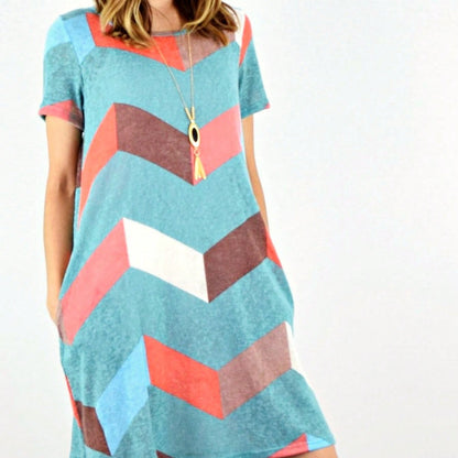 Boho Retro Rayon Cool Soft Summer Cuff Short Sleeve Crew Neck T Shirt Mini Dress Tunic With Pockets