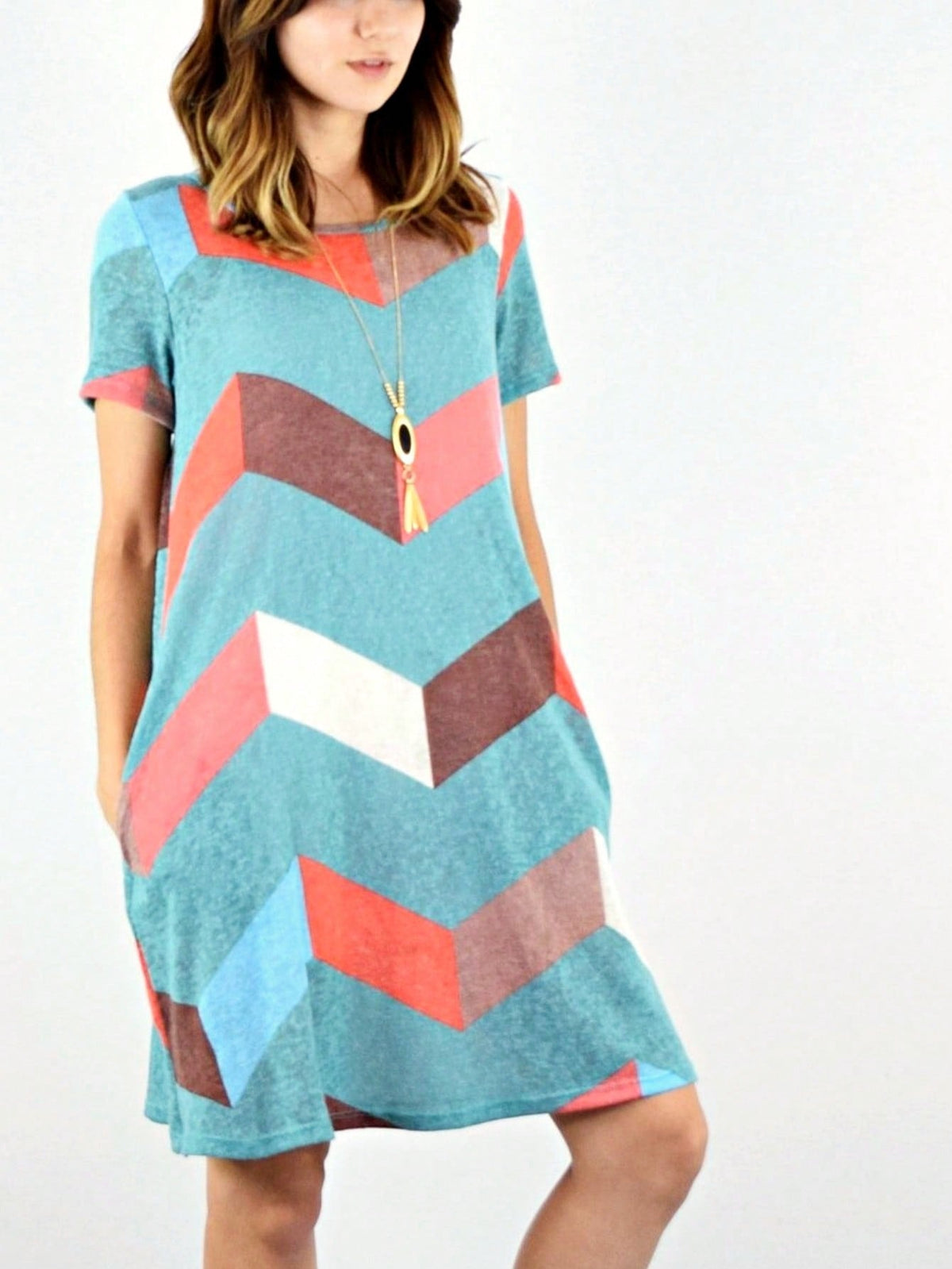 Boho Retro Rayon Cool Soft Summer Cuff Short Sleeve Crew Neck T Shirt Mini Dress Tunic With Pockets