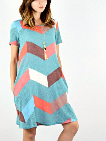 Boho Retro Rayon Cool Soft Summer Cuff Short Sleeve Crew Neck T Shirt Mini Dress Tunic With Pockets
