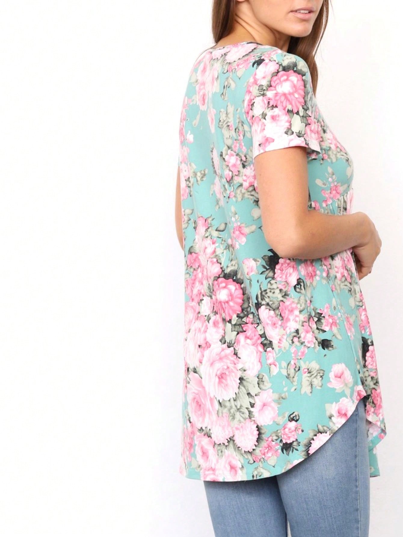 Summer Boho Flora Vintage Mint Burgundy Navy Tiered Key Hole Tie Front  Tunic Blouse Top For Leggings  |  Small -3 XL