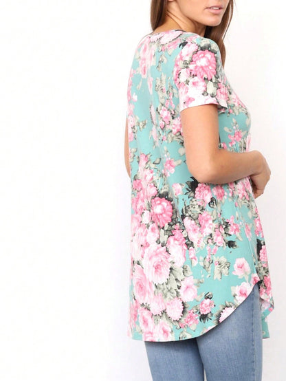 Summer Boho Flora Vintage Mint Burgundy Navy Tiered Key Hole Tie Front  Tunic Blouse Top For Leggings  |  Small -3 XL