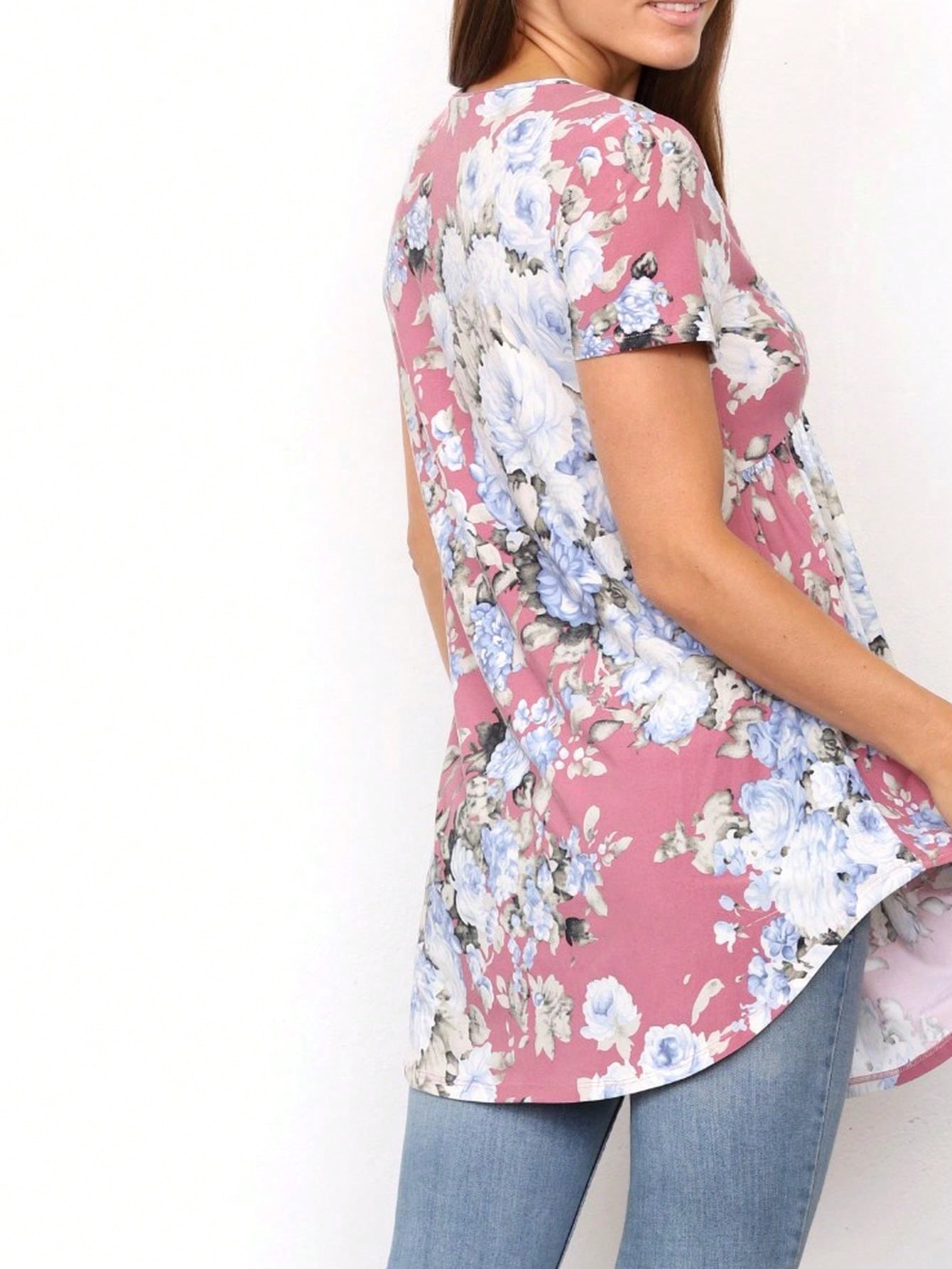 Summer Boho Flora Vintage Mint Burgundy Navy Tiered Key Hole Tie Front  Tunic Blouse Top For Leggings  |  Small -3 XL