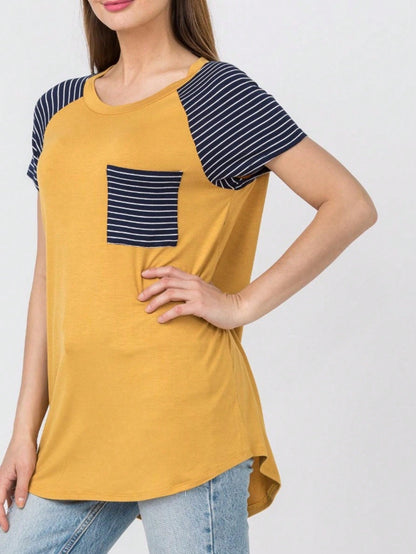 Stripe Raglan Sleeve Pocket Front Short Tunic Top Side Slit Navy Blue