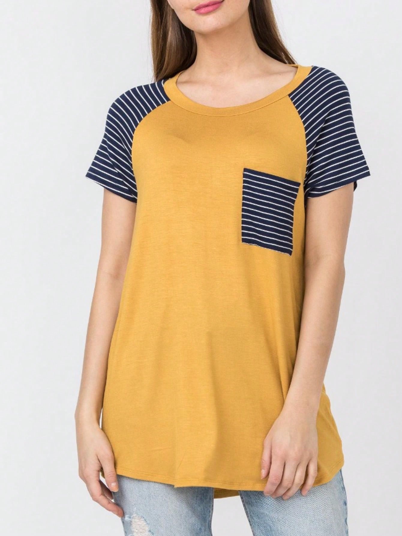 Stripe Raglan Sleeve Pocket Front Short Tunic Top Side Slit Navy Blue