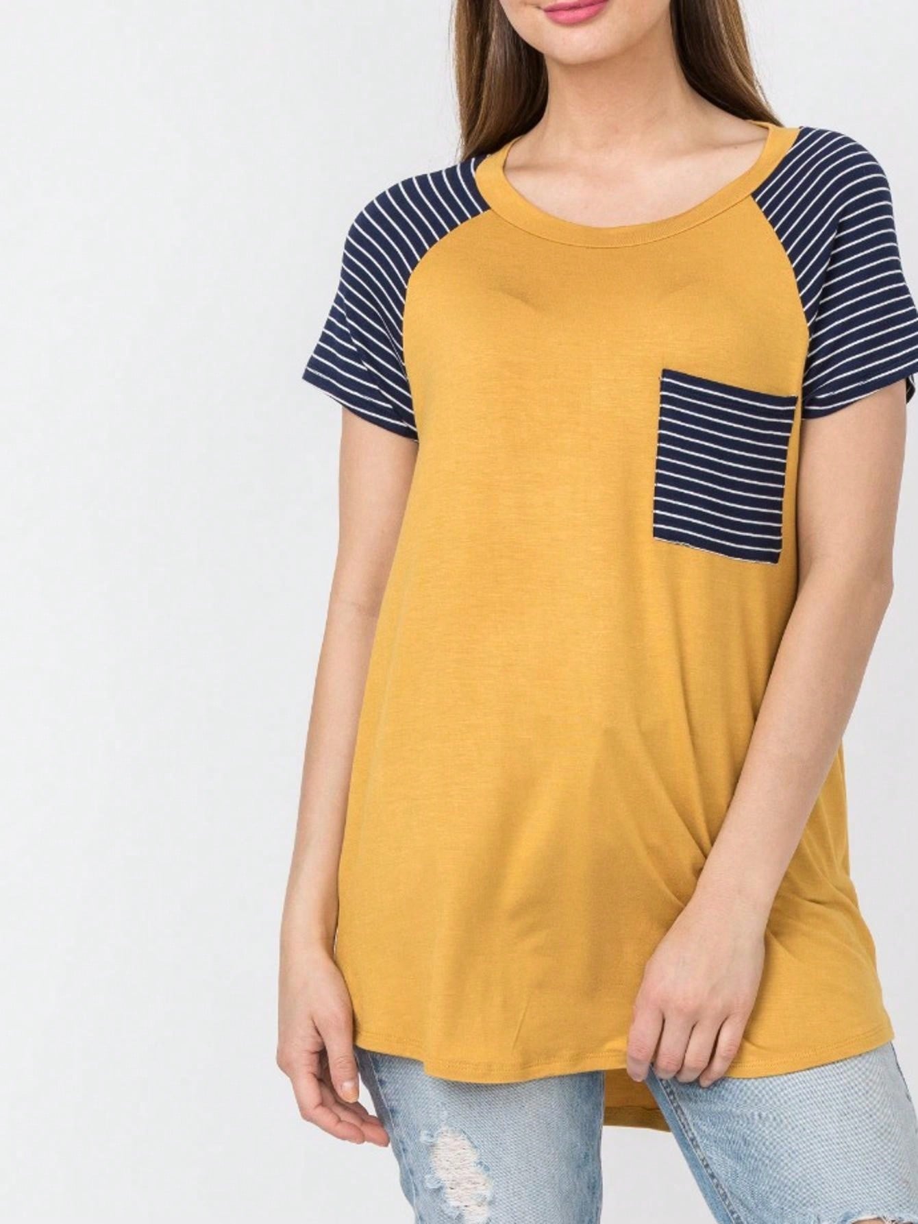 Stripe Raglan Sleeve Pocket Front Short Tunic Top Side Slit Navy Blue