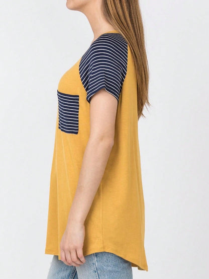 Stripe Raglan Sleeve Pocket Front Short Tunic Top Side Slit Navy Blue