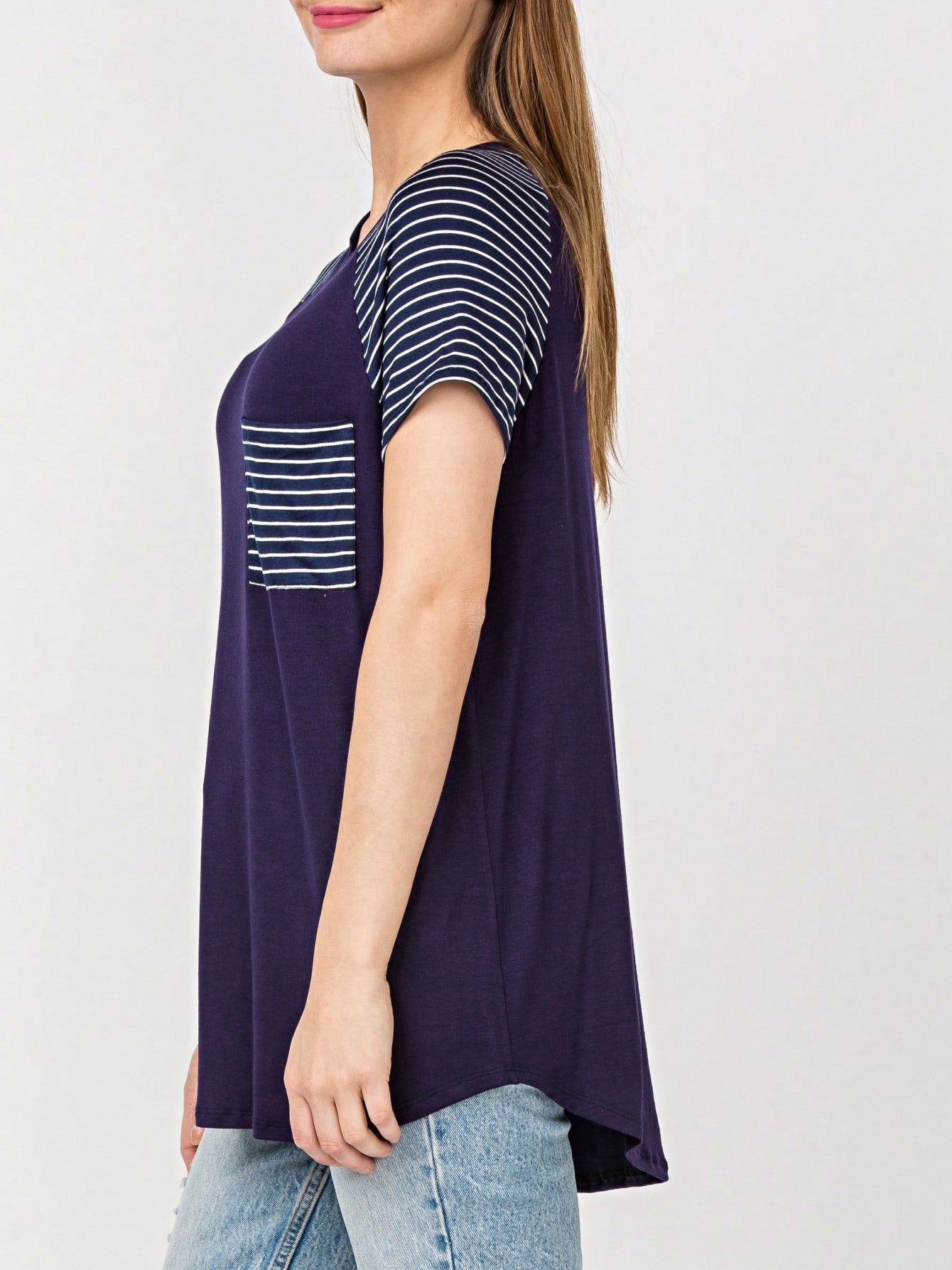 Stripe Raglan Sleeve Pocket Front Short Tunic Top Side Slit Navy Blue