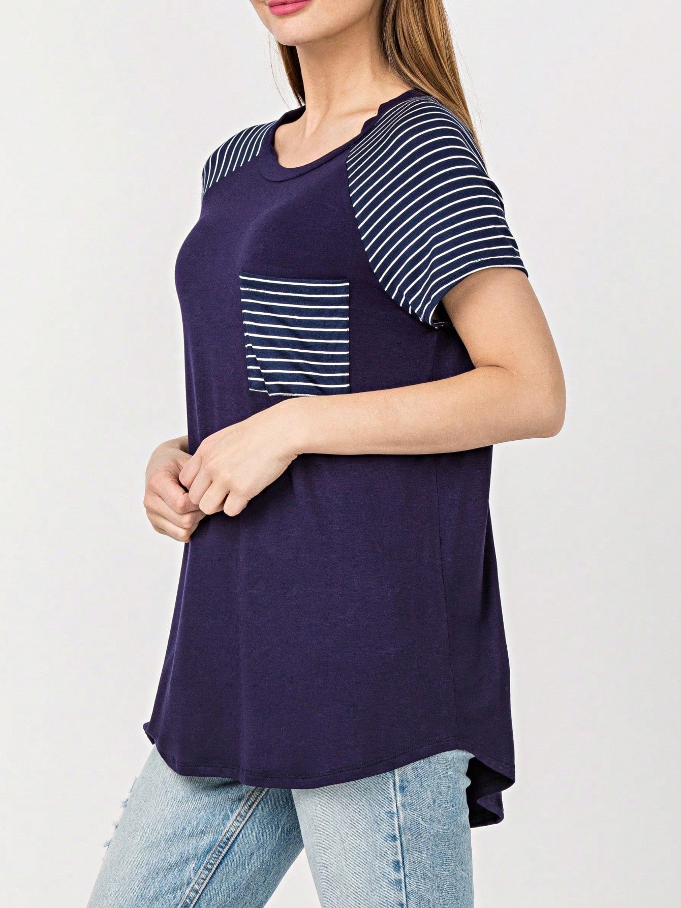 Stripe Raglan Sleeve Pocket Front Short Tunic Top Side Slit Navy Blue