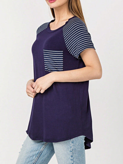 Stripe Raglan Sleeve Pocket Front Short Tunic Top Side Slit Navy Blue