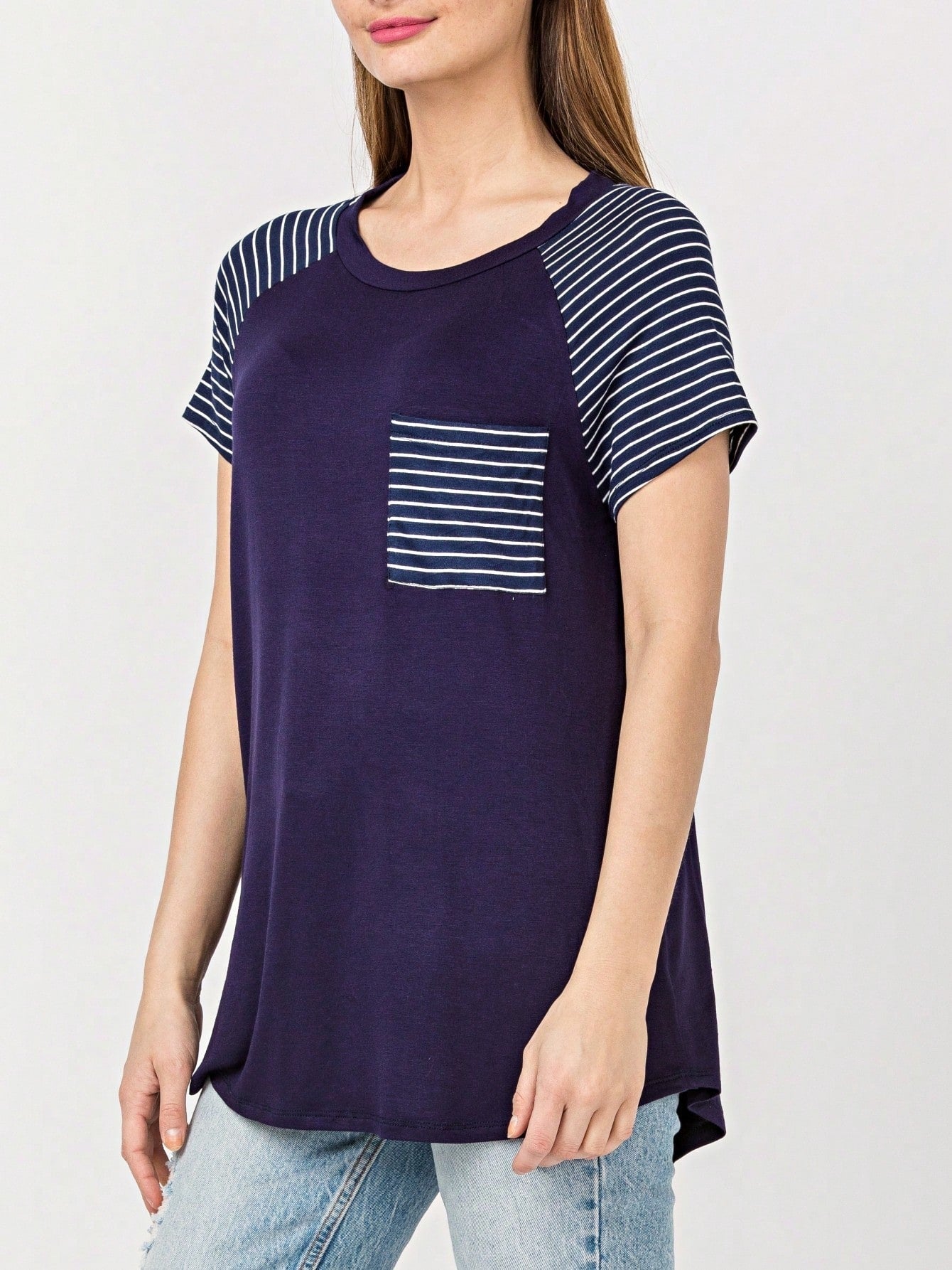 Stripe Raglan Sleeve Pocket Front Short Tunic Top Side Slit Navy Blue