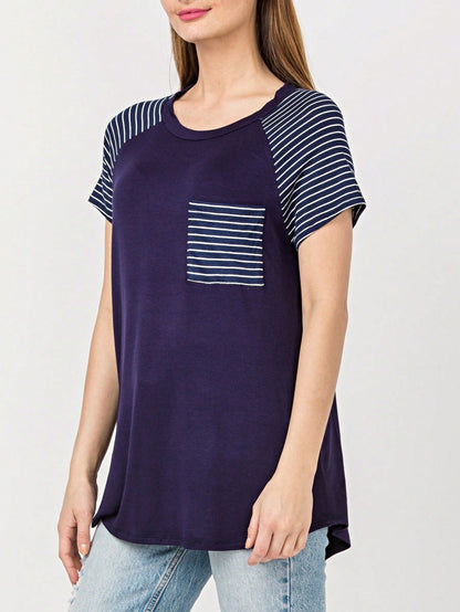 Stripe Raglan Sleeve Pocket Front Short Tunic Top Side Slit Navy Blue