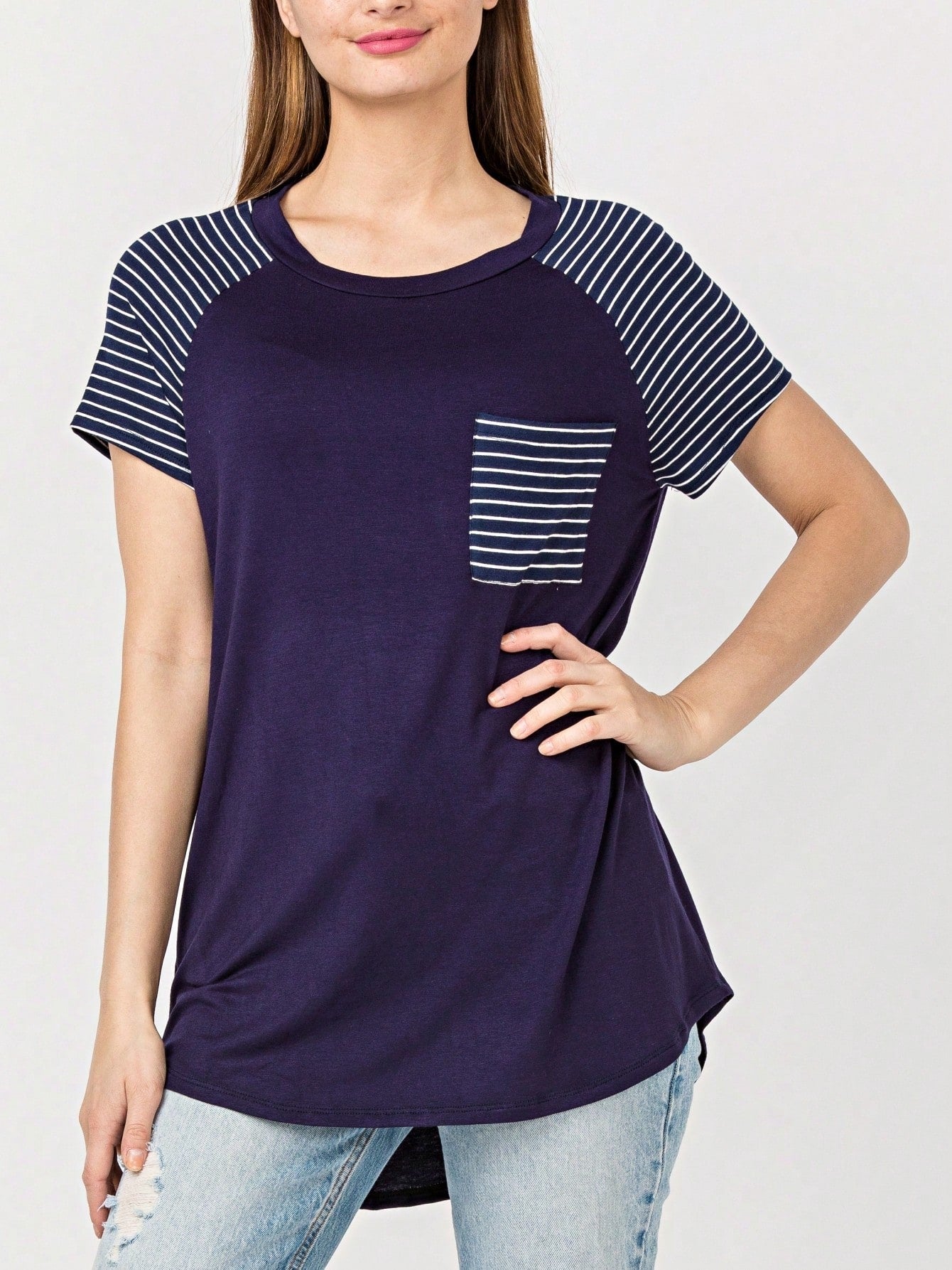 Stripe Raglan Sleeve Pocket Front Short Tunic Top Side Slit Navy Blue