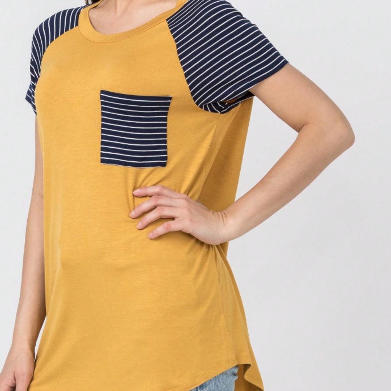 Stripe Raglan Sleeve Pocket Front Short Tunic Top Side Slit Navy Blue