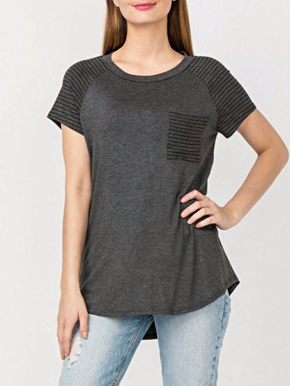 Stripe Raglan Sleeve Pocket Front Short Tunic Top Side Slit Navy Blue