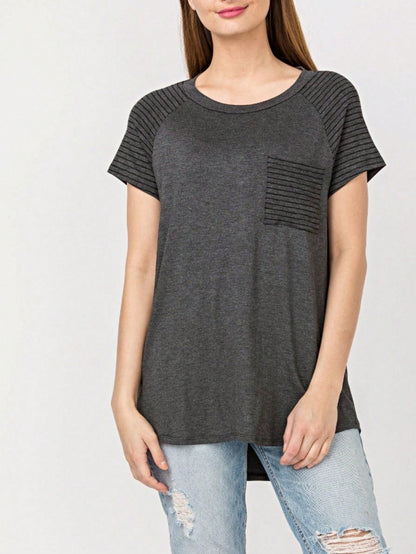 Stripe Raglan Sleeve Pocket Front Short Tunic Top Side Slit Navy Blue