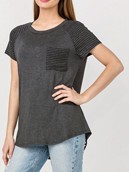 Stripe Raglan Sleeve Pocket Front Short Tunic Top Side Slit Navy Blue