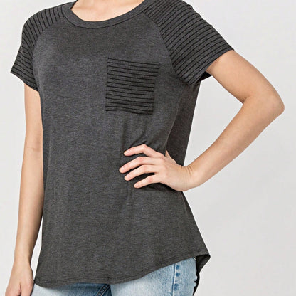 Stripe Raglan Sleeve Pocket Front Short Tunic Top Side Slit Navy Blue