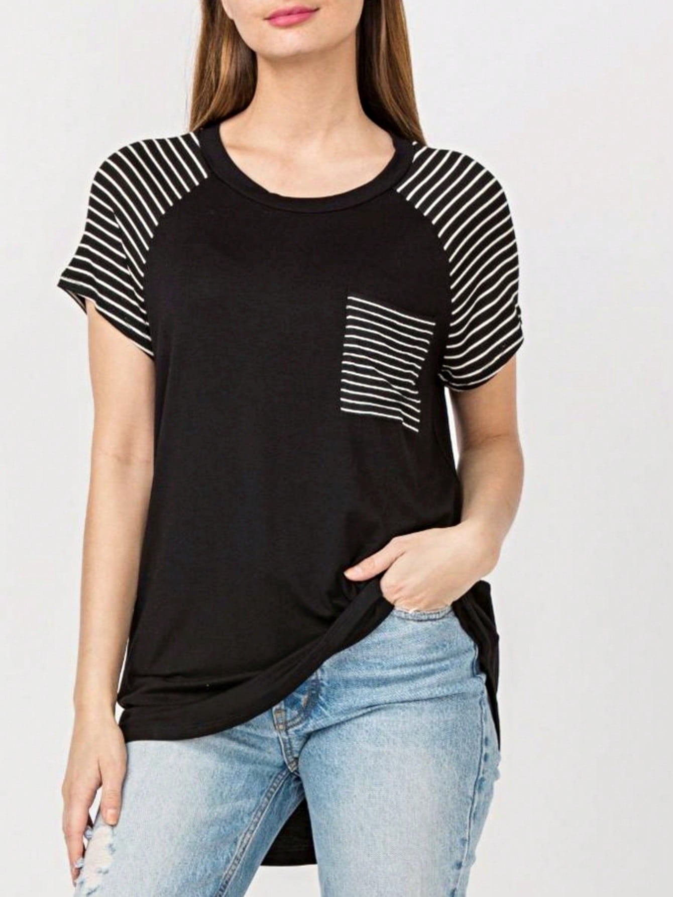 Stripe Raglan Sleeve Pocket Front Short Tunic Top Side Slit Navy Blue