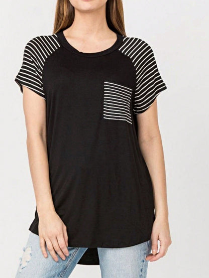 Stripe Raglan Sleeve Pocket Front Short Tunic Top Side Slit Navy Blue