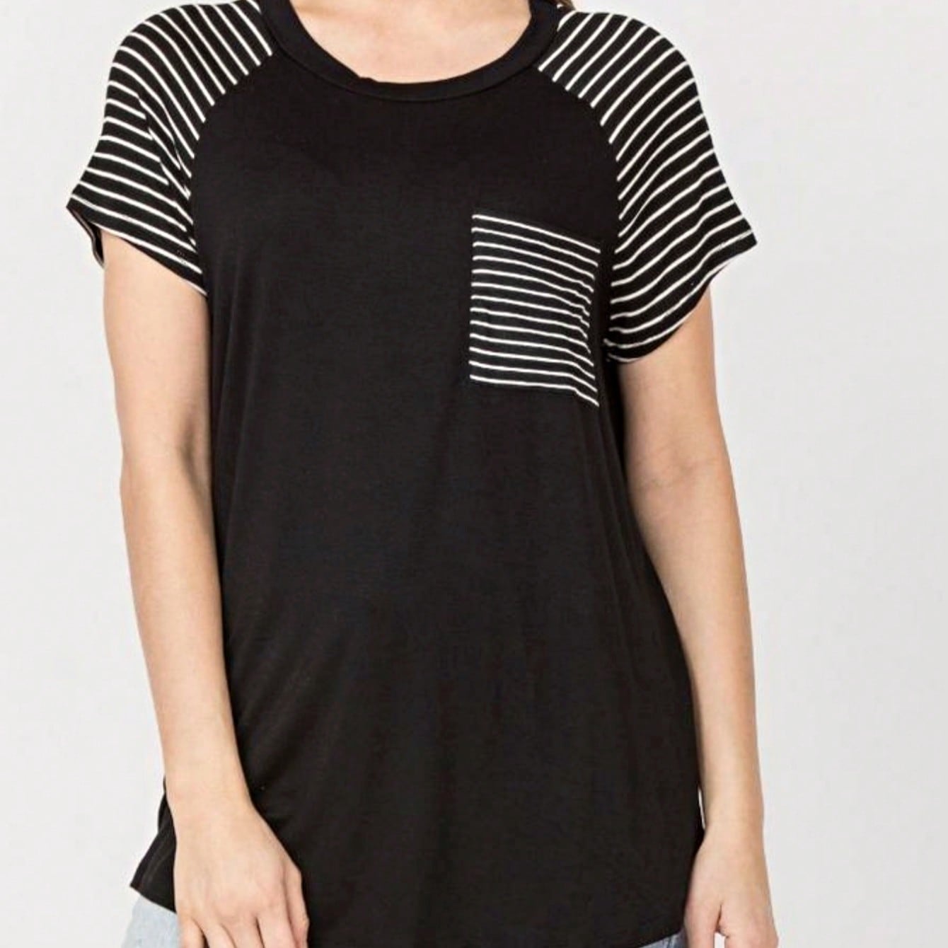 Stripe Raglan Sleeve Pocket Front Short Tunic Top Side Slit Navy Blue