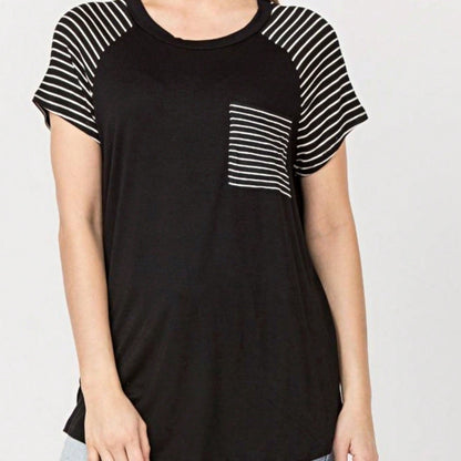Stripe Raglan Sleeve Pocket Front Short Tunic Top Side Slit Navy Blue