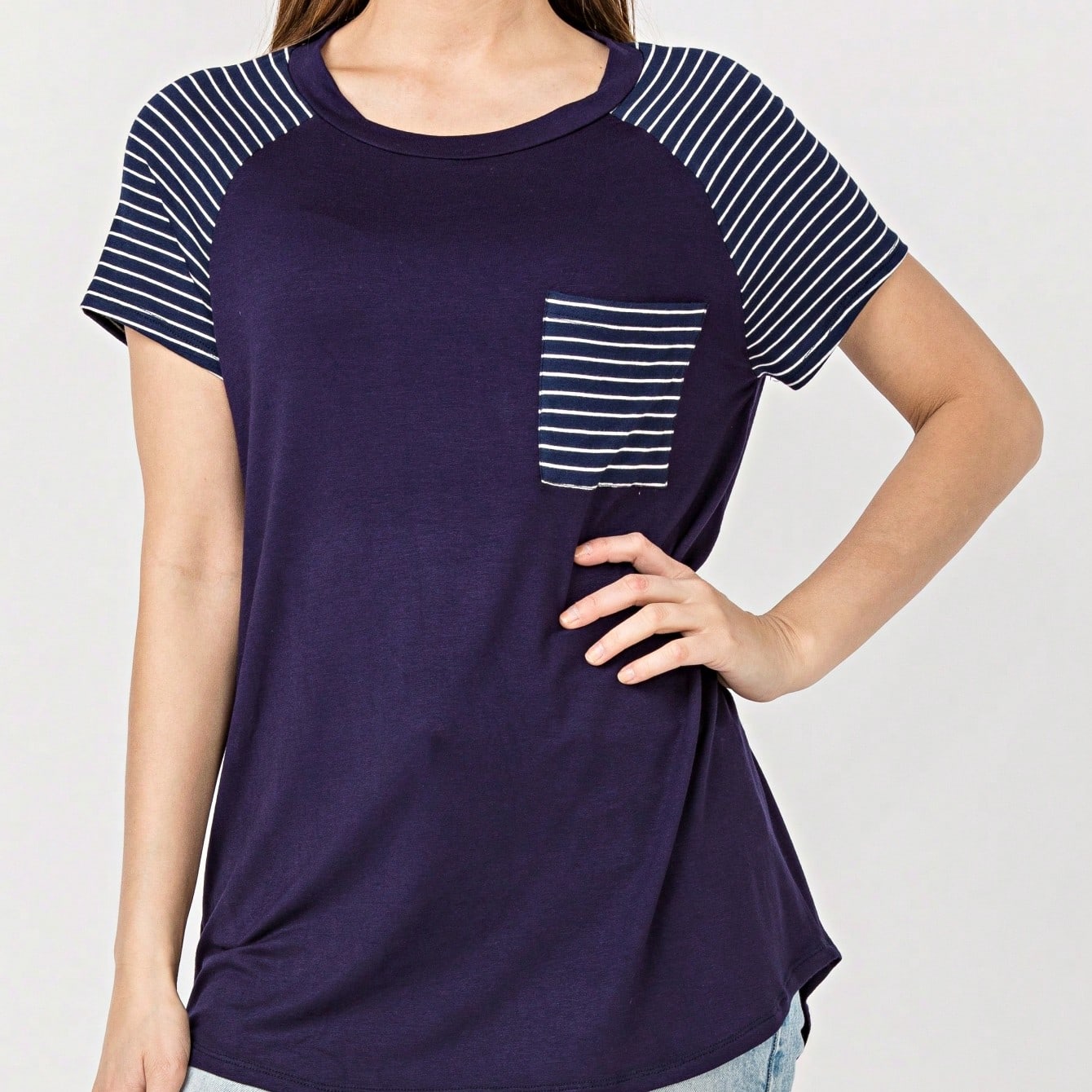 Stripe Raglan Sleeve Pocket Front Short Tunic Top Side Slit Navy Blue