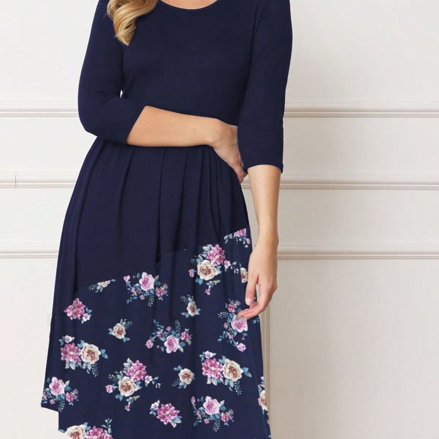 Purple Ivory Black Tiered Floral Double Ruffle Flounce Sleeve Midi Classic Dress Small To 3XL Plus