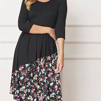 Purple Ivory Black Tiered Floral Double Ruffle Flounce Sleeve Midi Classic Dress Small To 3XL Plus