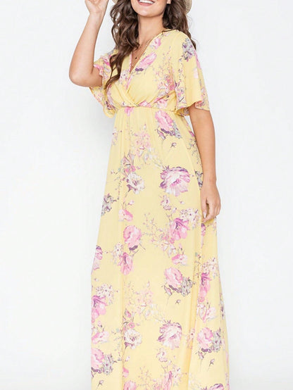 Tiered Tropical Short Sleeve Leaves Floral  Maxi Long Woven Dress