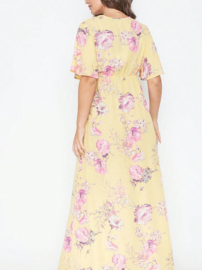 Tiered Tropical Short Sleeve Leaves Floral  Maxi Long Woven Dress