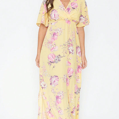 Tiered Tropical Short Sleeve Leaves Floral  Maxi Long Woven Dress