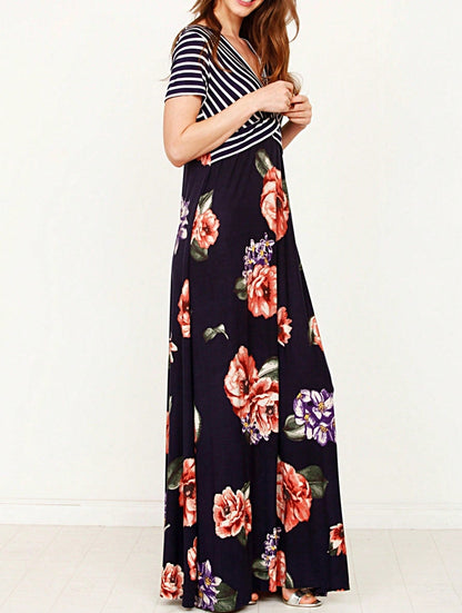 Tiered Tropical Short Sleeve Leaves Floral  Maxi Long Woven Dress