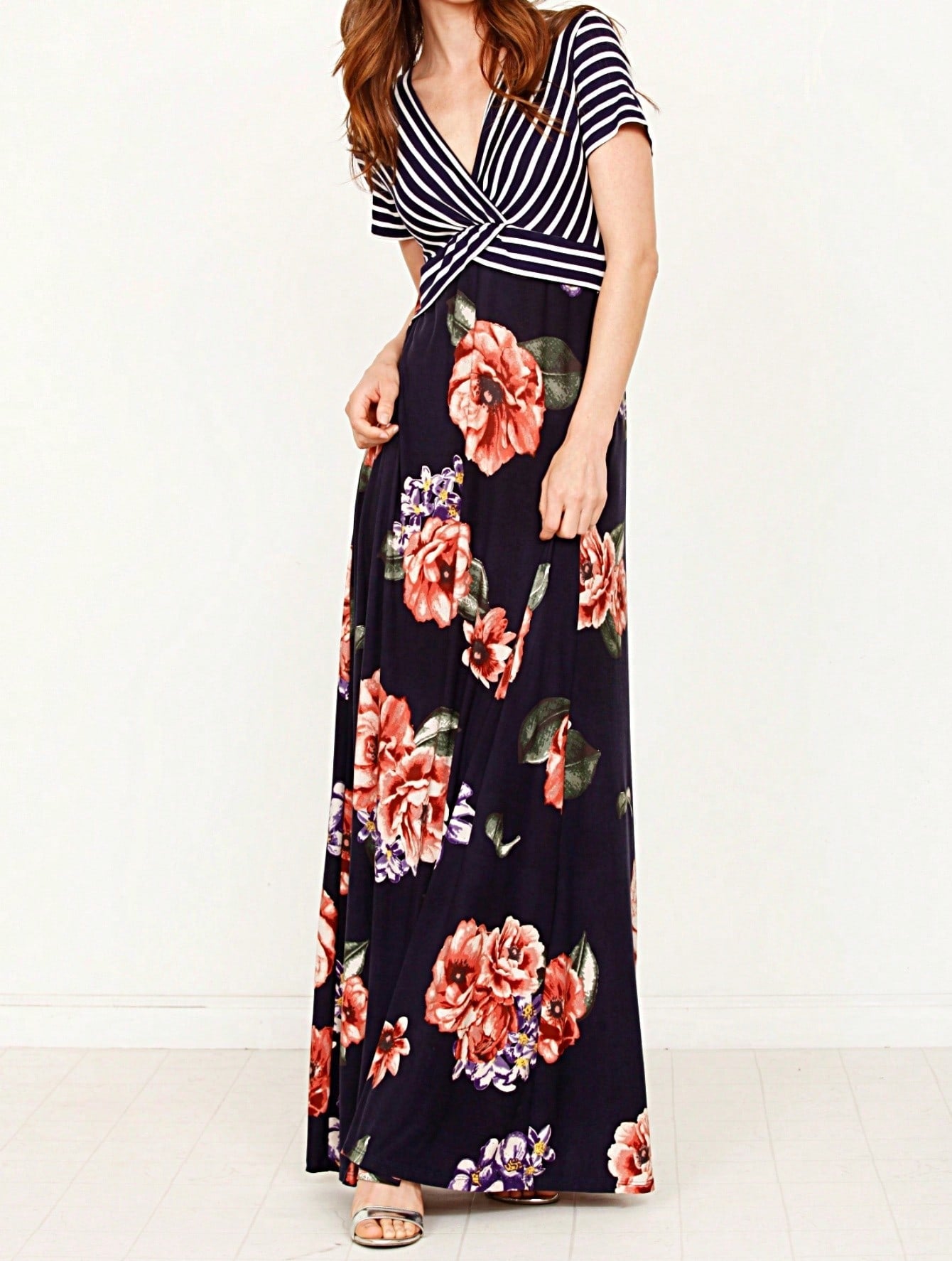 Tiered Tropical Short Sleeve Leaves Floral  Maxi Long Woven Dress