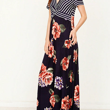 Tiered Tropical Short Sleeve Leaves Floral  Maxi Long Woven Dress