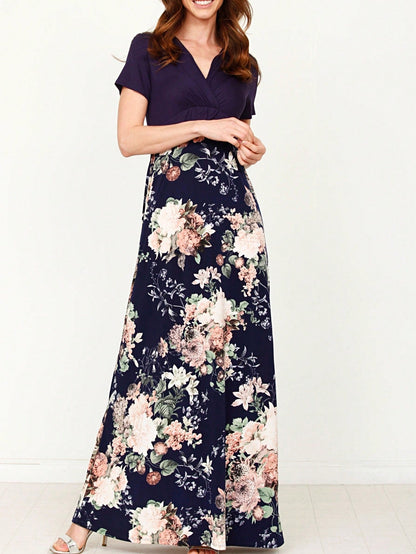 Tiered Tropical Short Sleeve Leaves Floral  Maxi Long Woven Dress