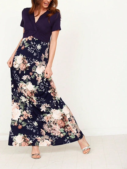 Tiered Tropical Short Sleeve Leaves Floral  Maxi Long Woven Dress