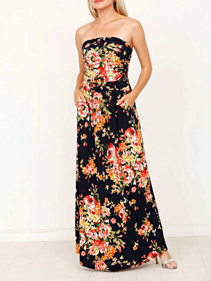 Tiered Tropical Sleeveless Leaves Floral  Maxi Long Woven Dress