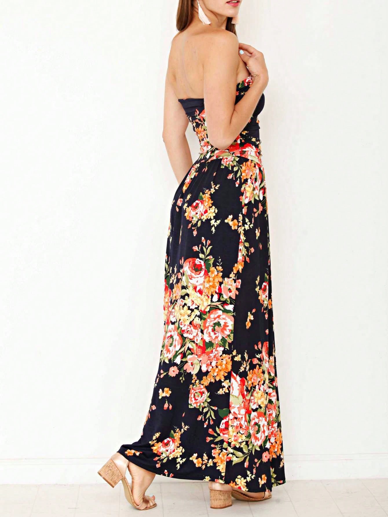 Tiered Tropical Sleeveless Leaves Floral  Maxi Long Woven Dress