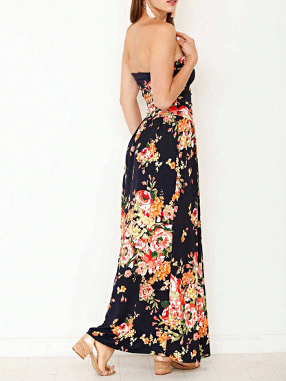 Tiered Tropical Sleeveless Leaves Floral  Maxi Long Woven Dress