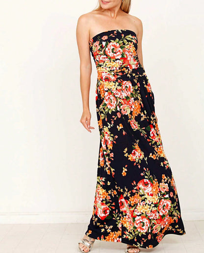 Tiered Tropical Sleeveless Leaves Floral  Maxi Long Woven Dress