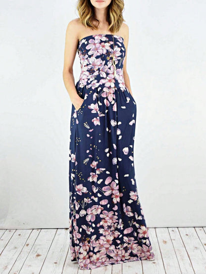 Tiered Tropical Sleeveless Leaves Floral  Maxi Long Woven Dress