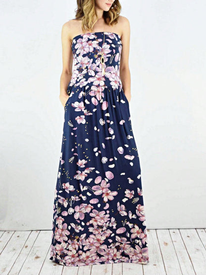 Tiered Tropical Sleeveless Leaves Floral  Maxi Long Woven Dress