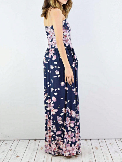 Tiered Tropical Sleeveless Leaves Floral  Maxi Long Woven Dress