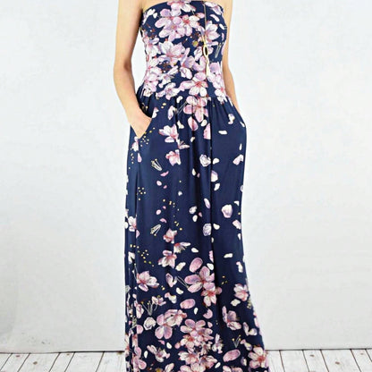 Tiered Tropical Sleeveless Leaves Floral  Maxi Long Woven Dress