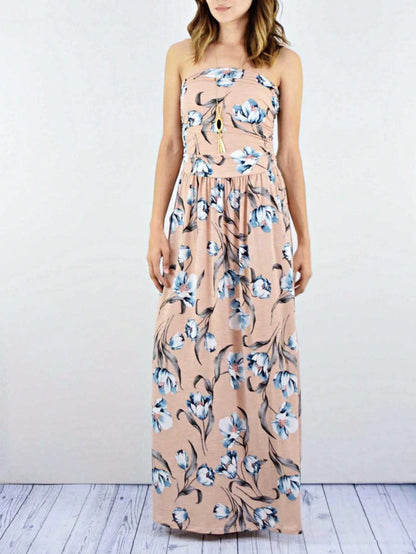 Tiered Tropical Sleeveless Leaves Floral  Maxi Long Woven Dress