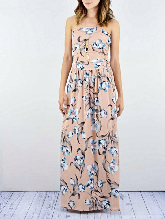 Tiered Tropical Sleeveless Leaves Floral  Maxi Long Woven Dress